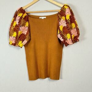 VTG Cato Retro Ribbed Square Neck Top Crocheted Puff Sleeves Medium 70s Flowers
